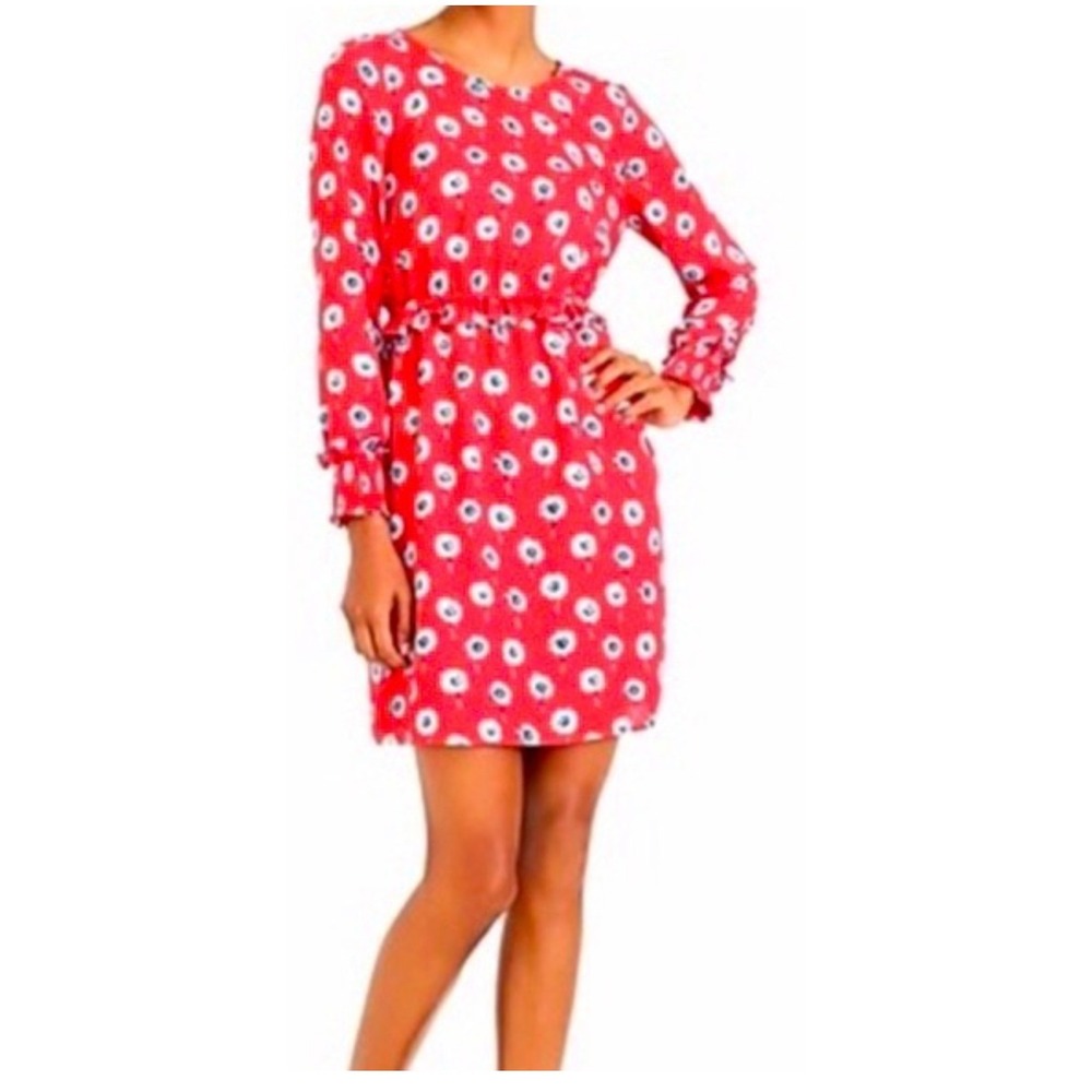 J.Crew‎ Red Floral Dandelion Long Sleeve Ruffle Waist Mini Dress Size 2 EUC